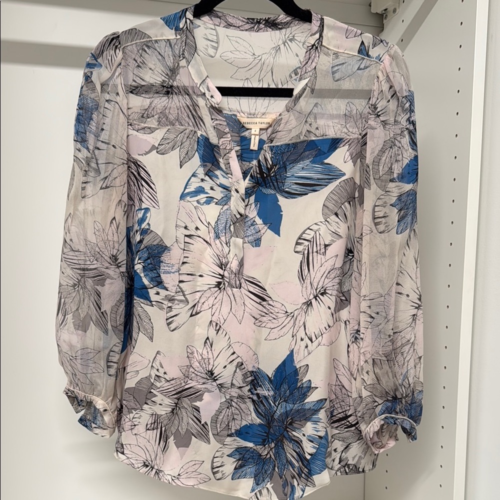 Rebecca Taylor Silk Floral Blouse with Mandarin Collar